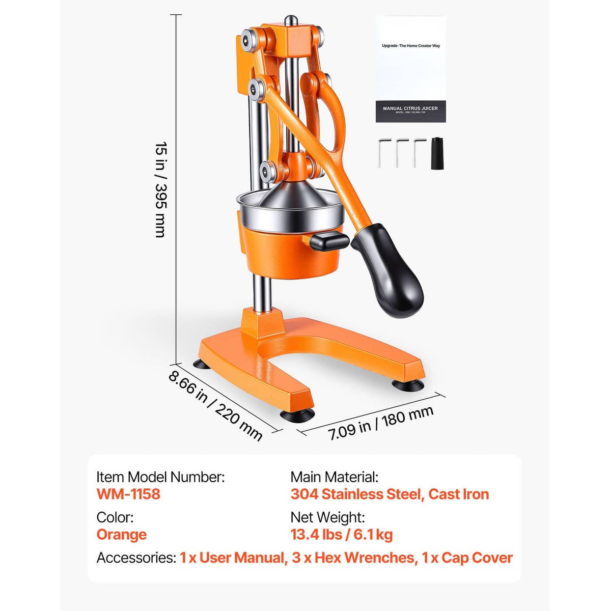 Orange and stainless manual hand citrus press juicer with black handle and base