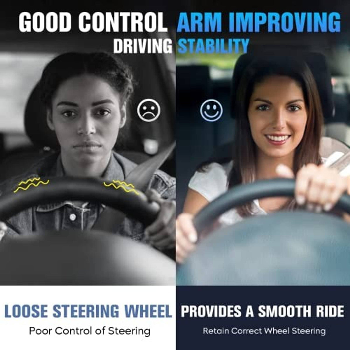 Black control arm components shown with vehicle driving and steering visuals