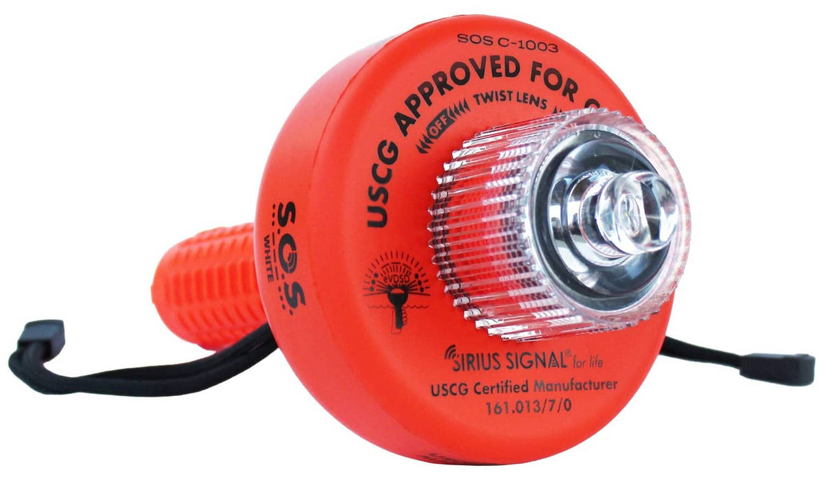 Red USCG-approved SOS LED distress flare with clear lens and black lanyard cord