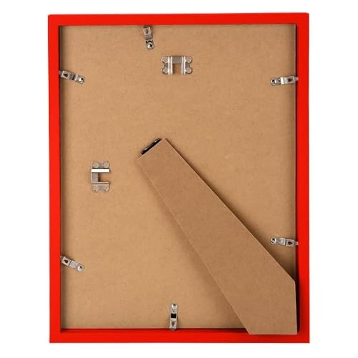 Back view of red solid wood 11x14 picture frame with metal clips