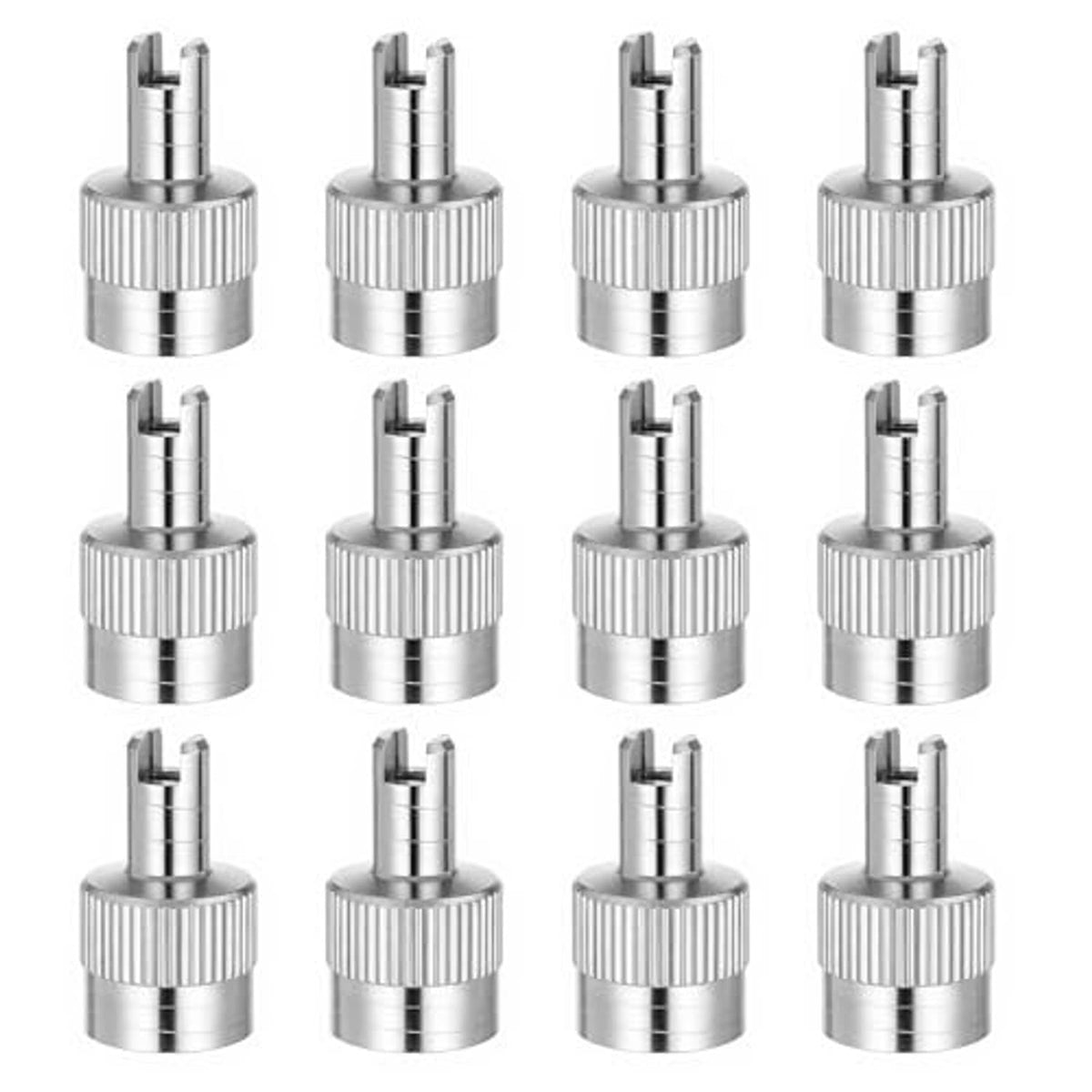 Twelve silver tire valve stem caps with slotted vents and valve core