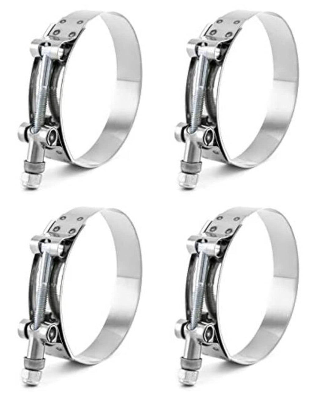 Four stainless T-bolt hose clamps, 3 in size, side view of clamp bands and bolts