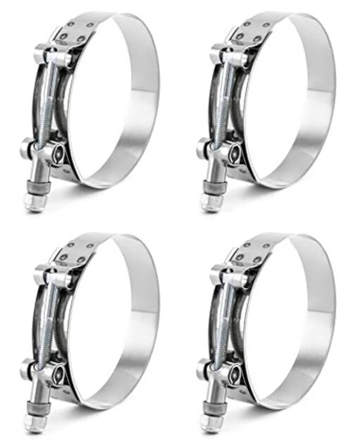 Four stainless T-bolt hose clamps, 3 in size, side view of clamp bands and bolts