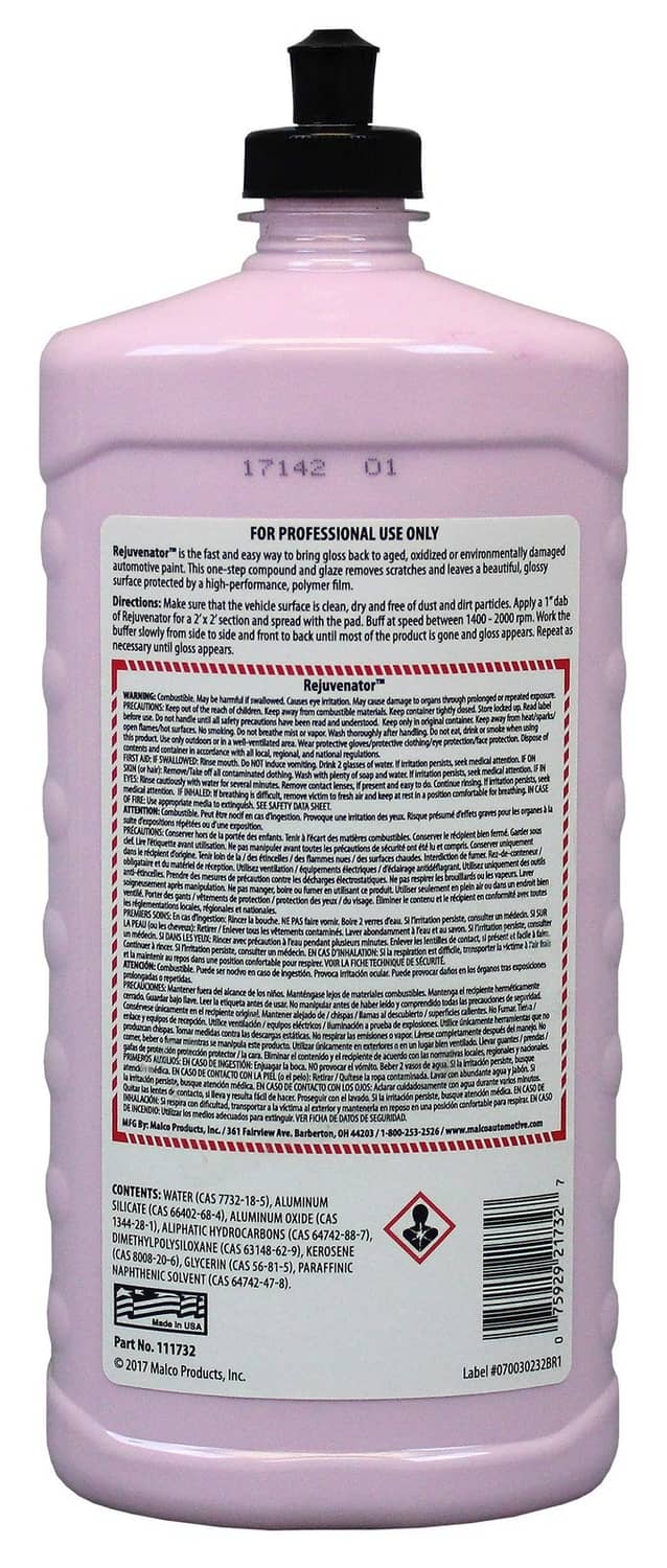 Pink auto paint restoration bottle back label with warnings, black cap