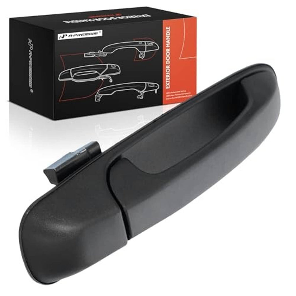 Textured black front exterior door handle, curved lever profile