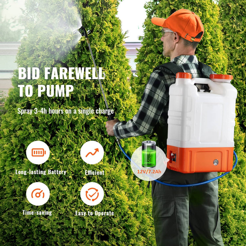 Battery sprayer on wheels with operator using spray wand on outdoor hedges