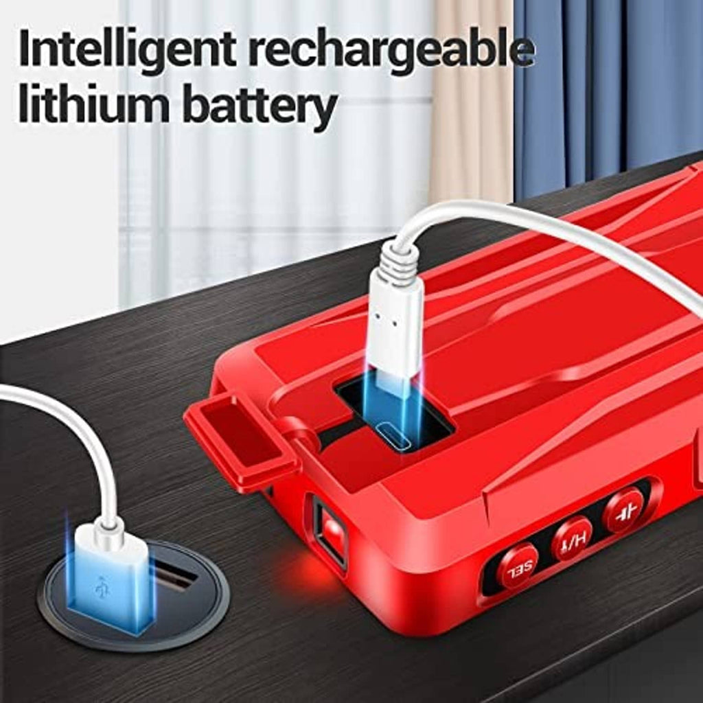 Red charging case with cable connected, indicating battery power for the tester