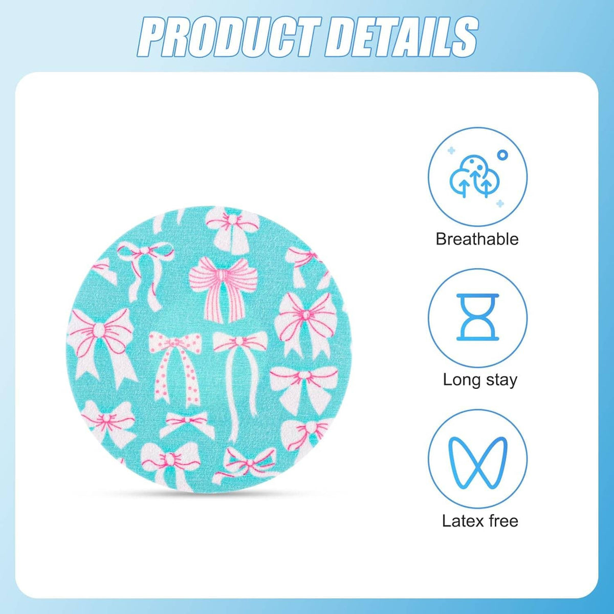 Circular teal bow-pattern sensor patch with feature icons