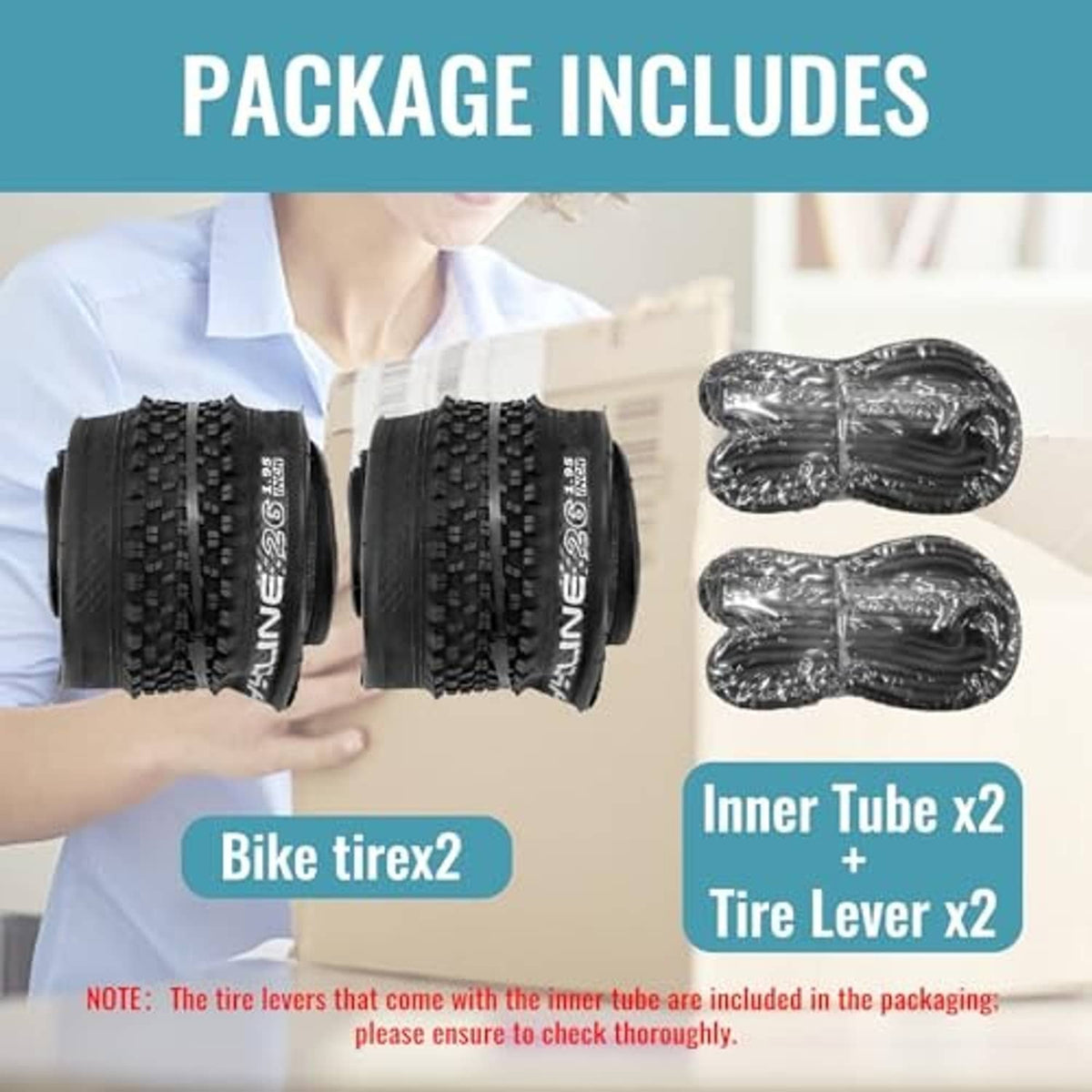 Bike tire set contents: two black tires, two rolled inner tubes, two tire levers.