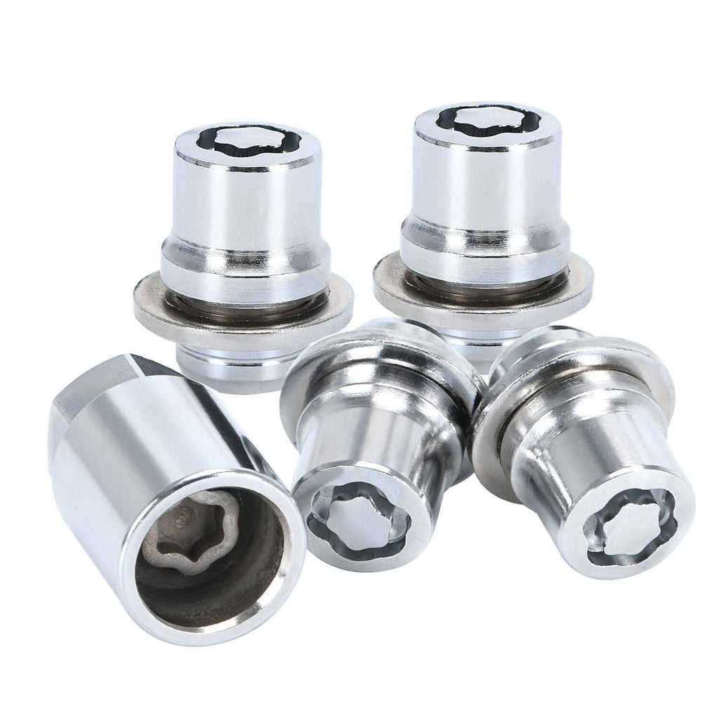 Set of alloy wheel lock lug nuts with hex socket drives and polished silver surface