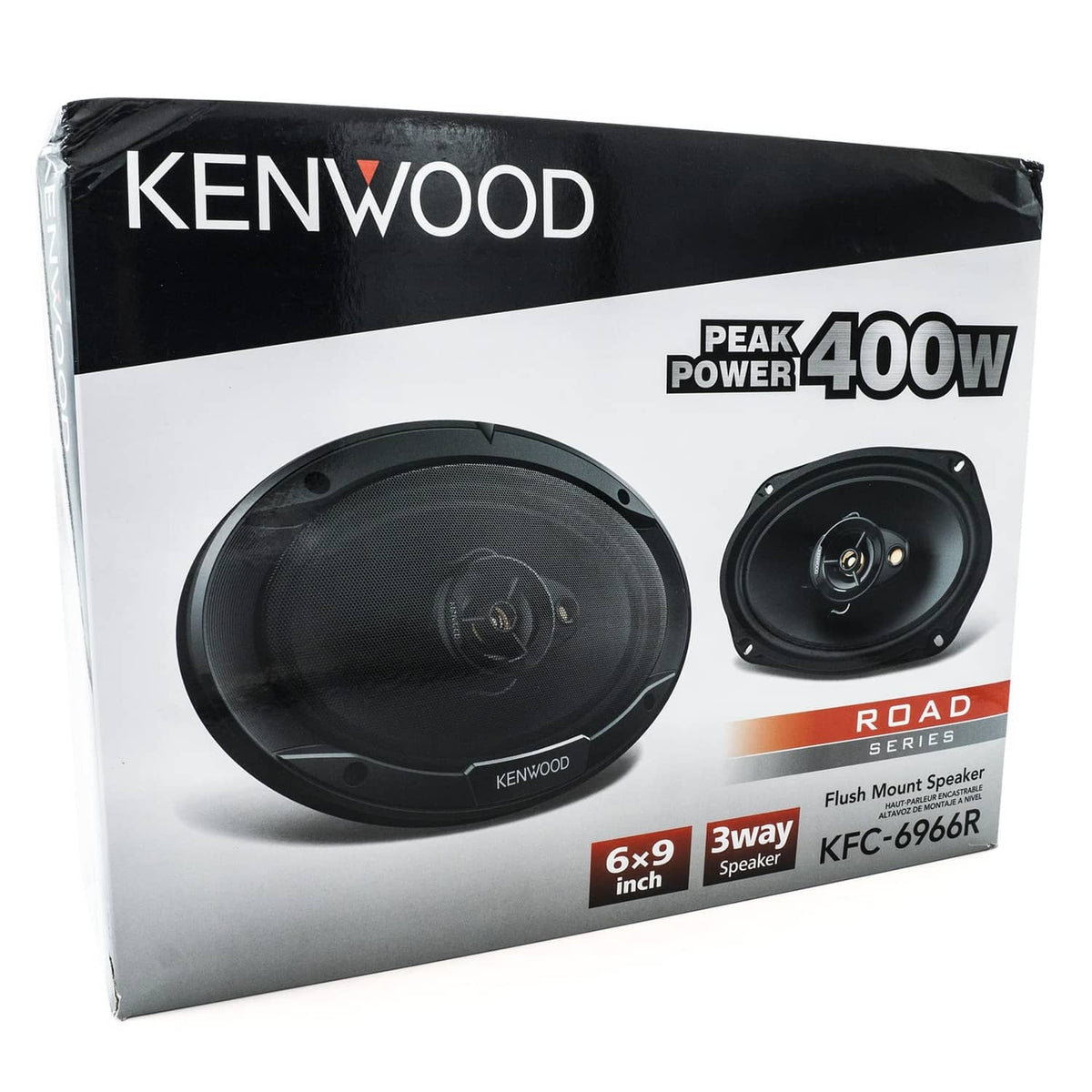 Kenwood car speaker pair in retail box, flush-mount style speakers shown