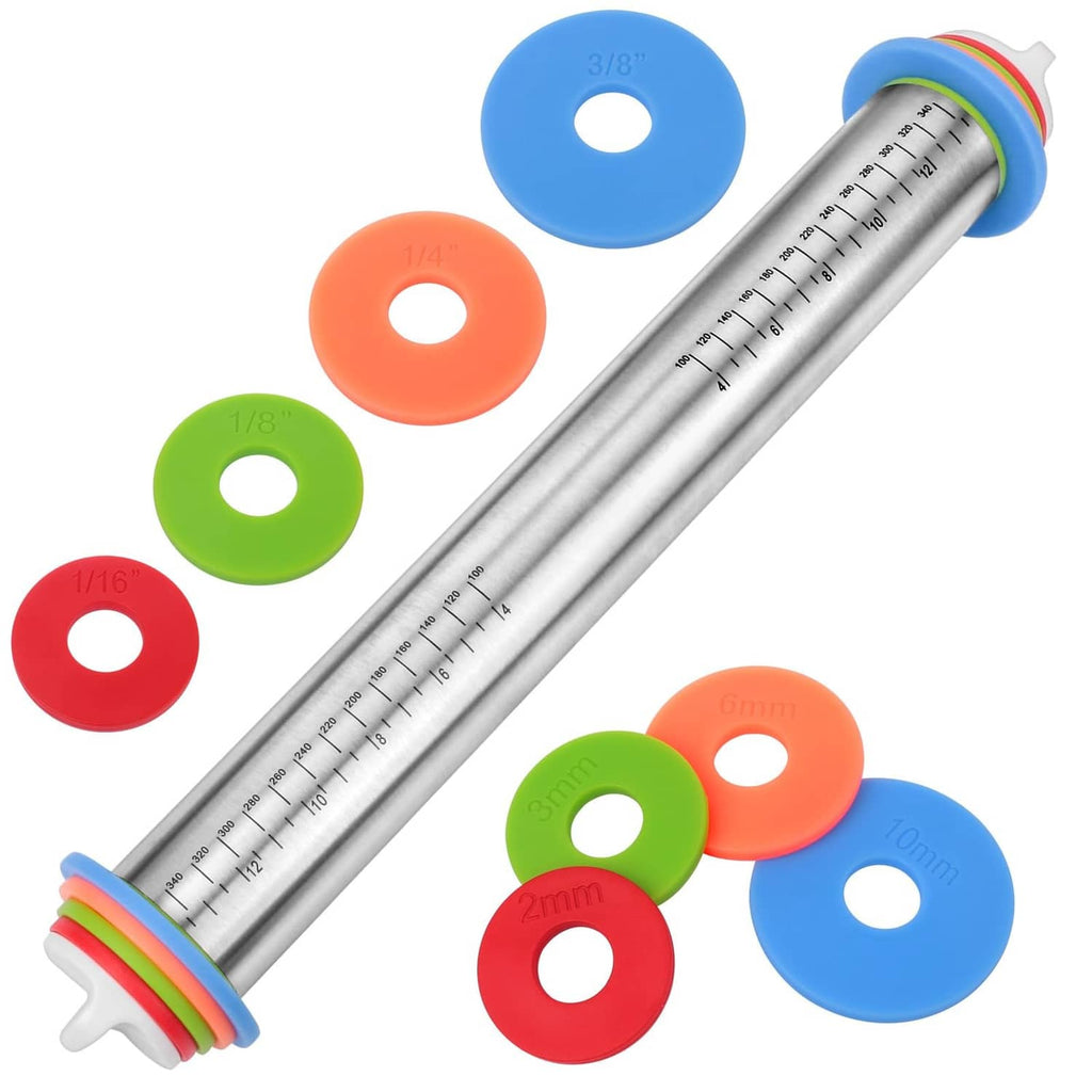 Stainless adjustable rolling pin with engraved ruler markings and colorful thickness rings