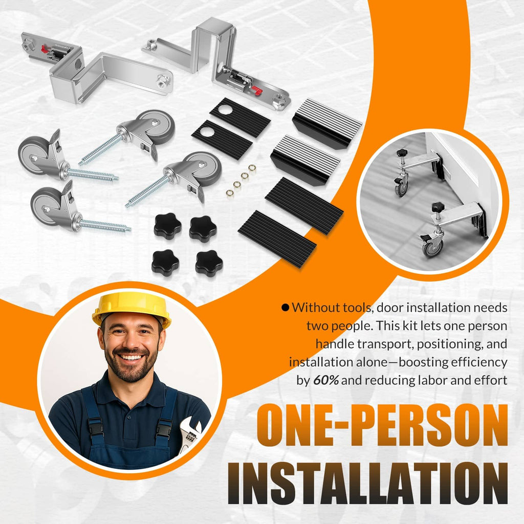 Heavy door installation kit parts set with clamp tool, casters, pads, and spacer clips