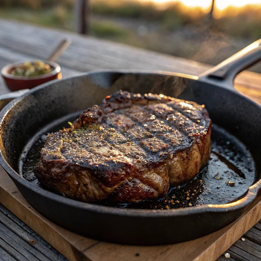 Seared steak in a skillet with dark seasoning specks