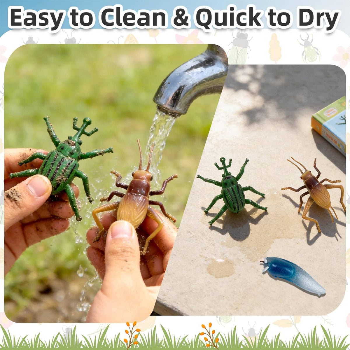 Hand holding a green plastic bug toy on a tray with other insects