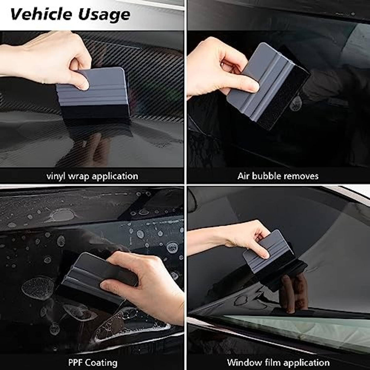 Hand using gray felt squeegee to smooth vinyl wrap on a vehicle surface