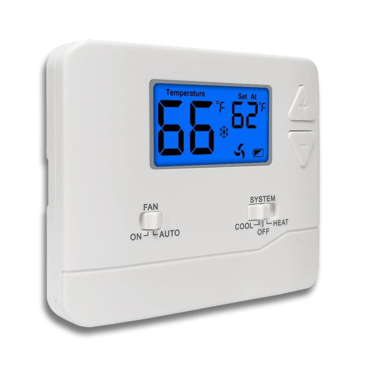 Wall thermostat with blue digital display, fan and system controls, white casing