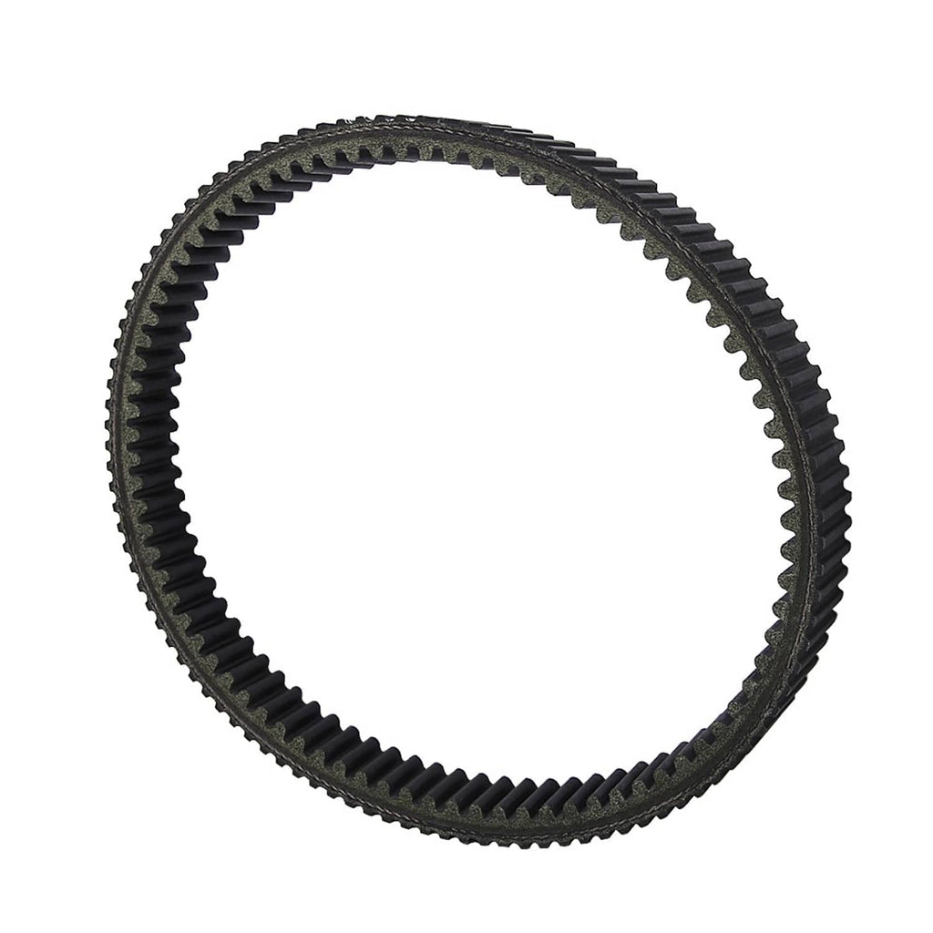 ATV drive belt, dark toothed belt ring shown at an angle for side detail