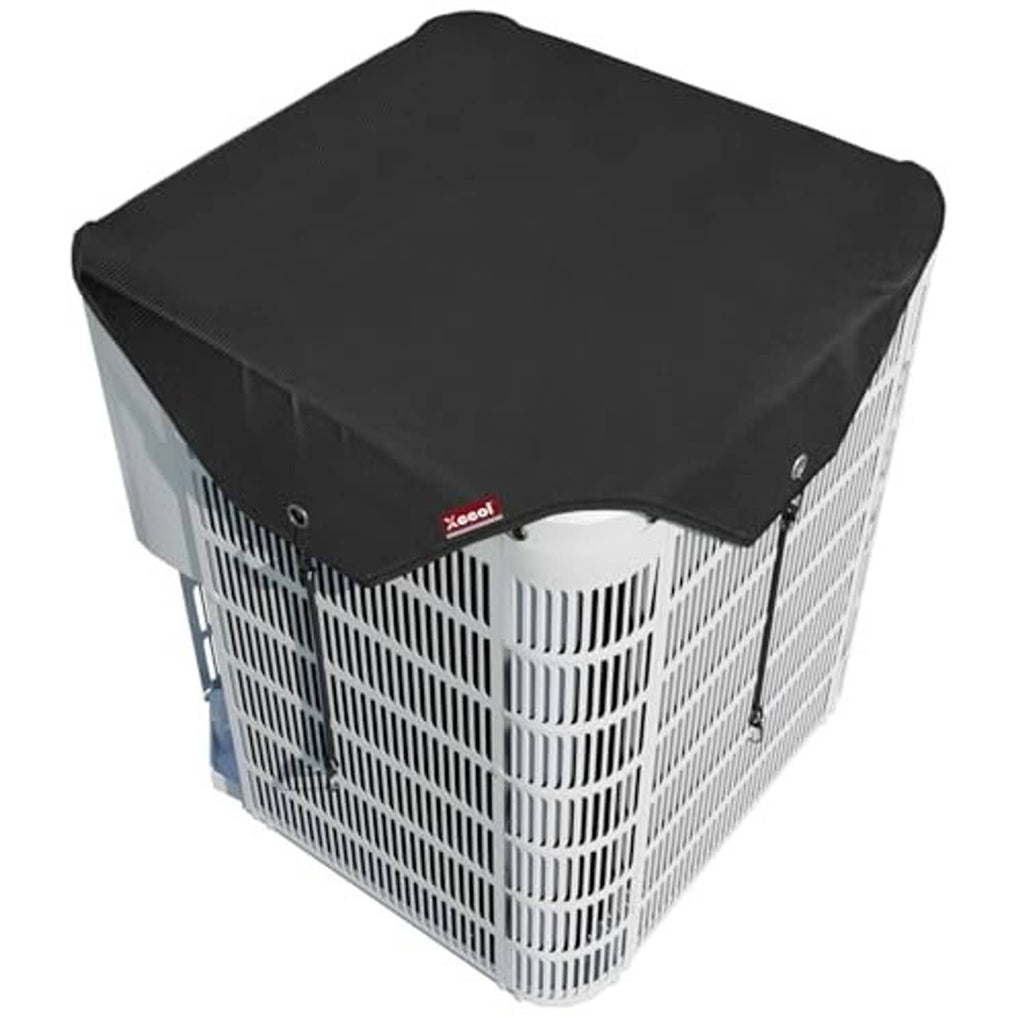 Black AC unit cover with eyelets and fitted top over outdoor condenser.