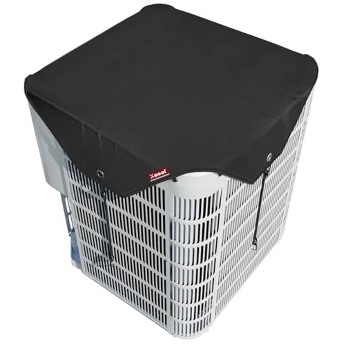 Black AC unit cover with eyelets and fitted top over outdoor condenser.