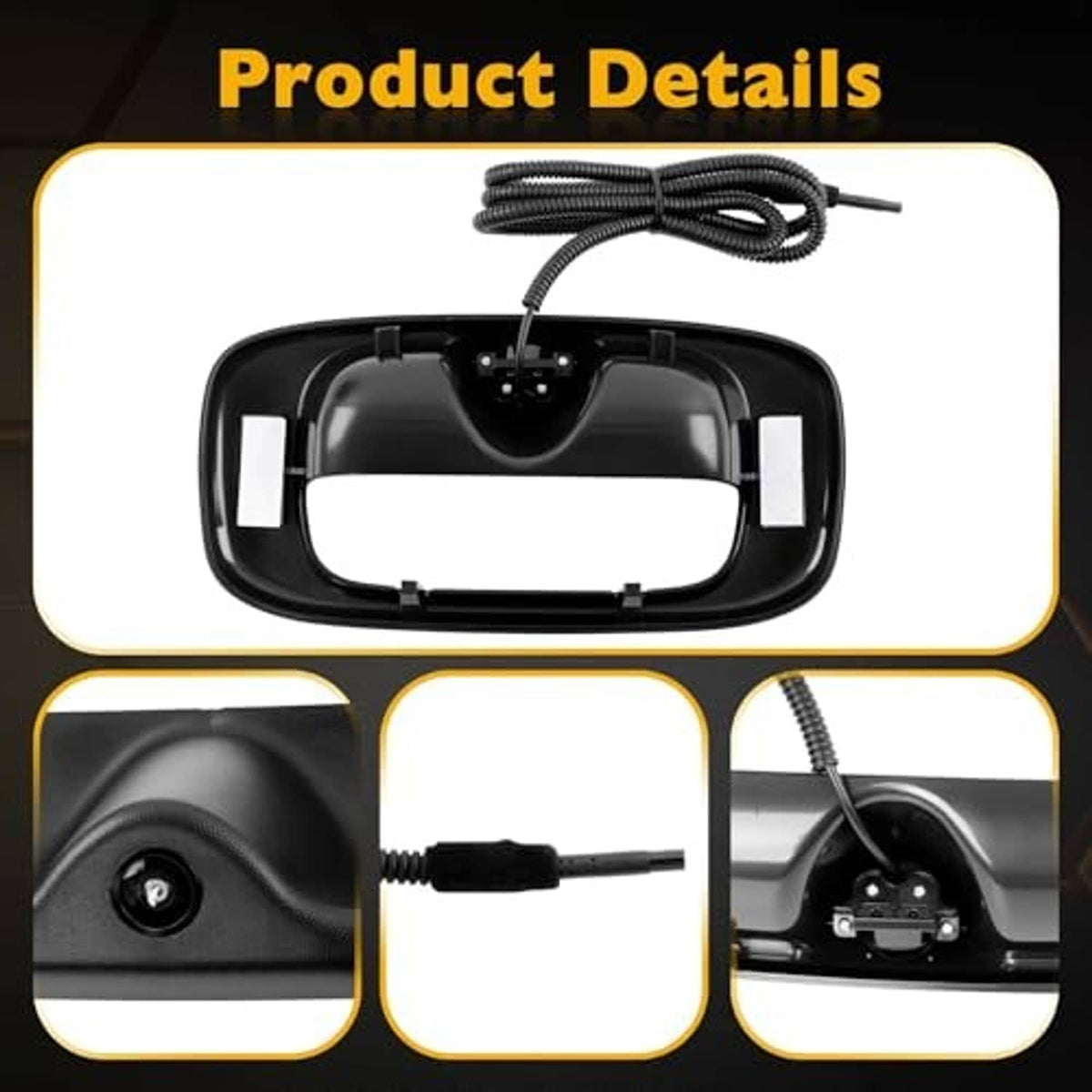 Black tailgate handle housing with backup camera lens and wire harness