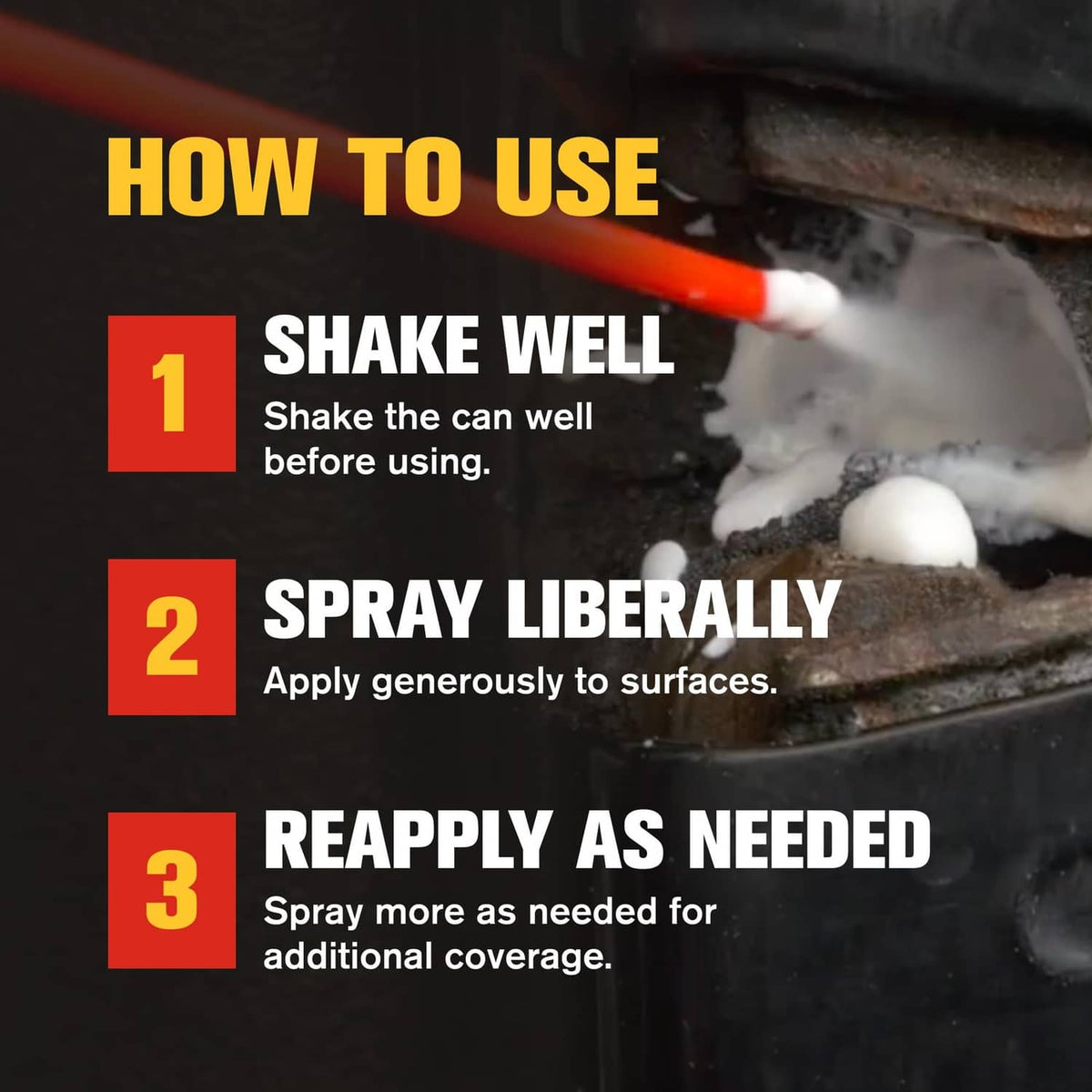 Aerosol nozzle releasing white lubricant onto a metal surface