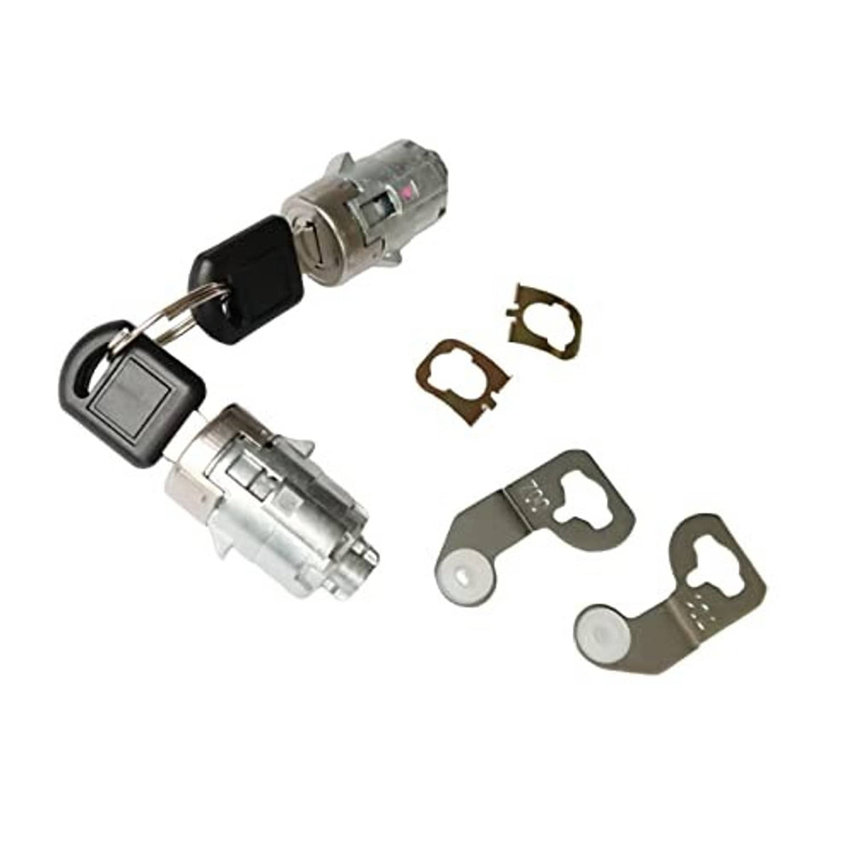 Door lock cylinder set with keys and disassembled bracket parts
