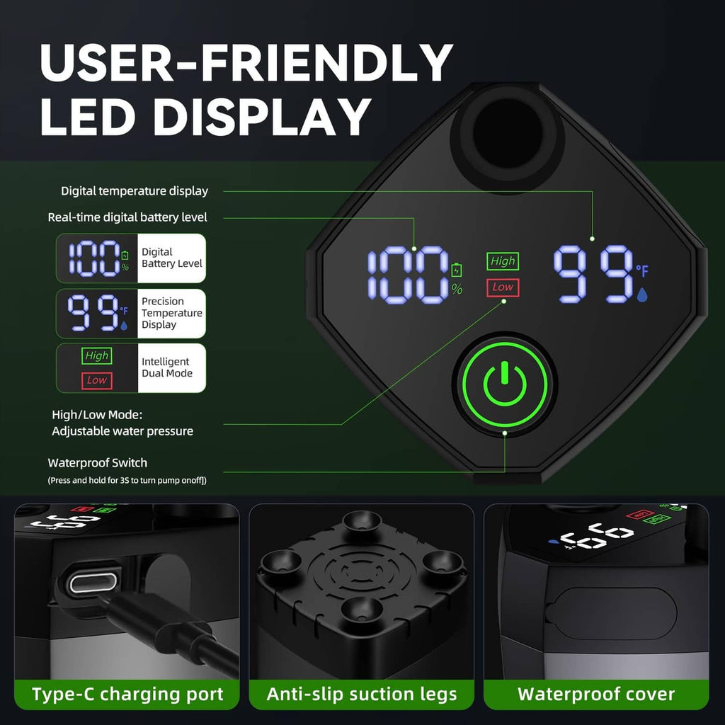 Portable shower heater with user-friendly LED temperature display and waterproof control cover
