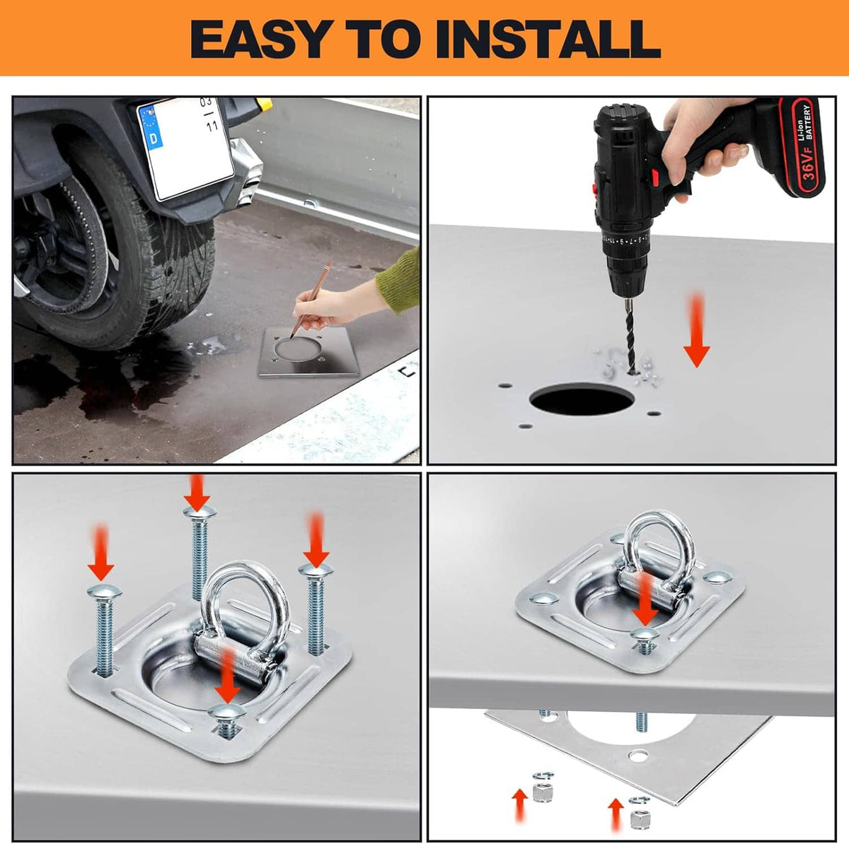 Recessed D-ring anchor kit installing on a surface with bolts and mounting plate