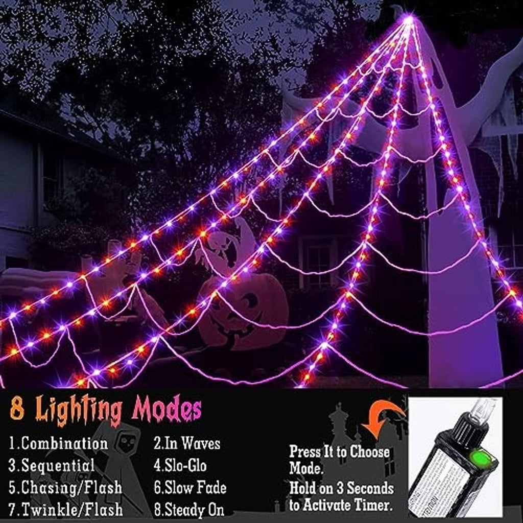 Glowing spider web light curtain with purple-pink LED lines and hanging web tiers
