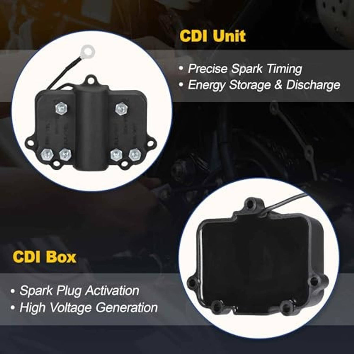 Black CDI ignition box with mounting holes, metal screws, and ring terminal wire (inset).