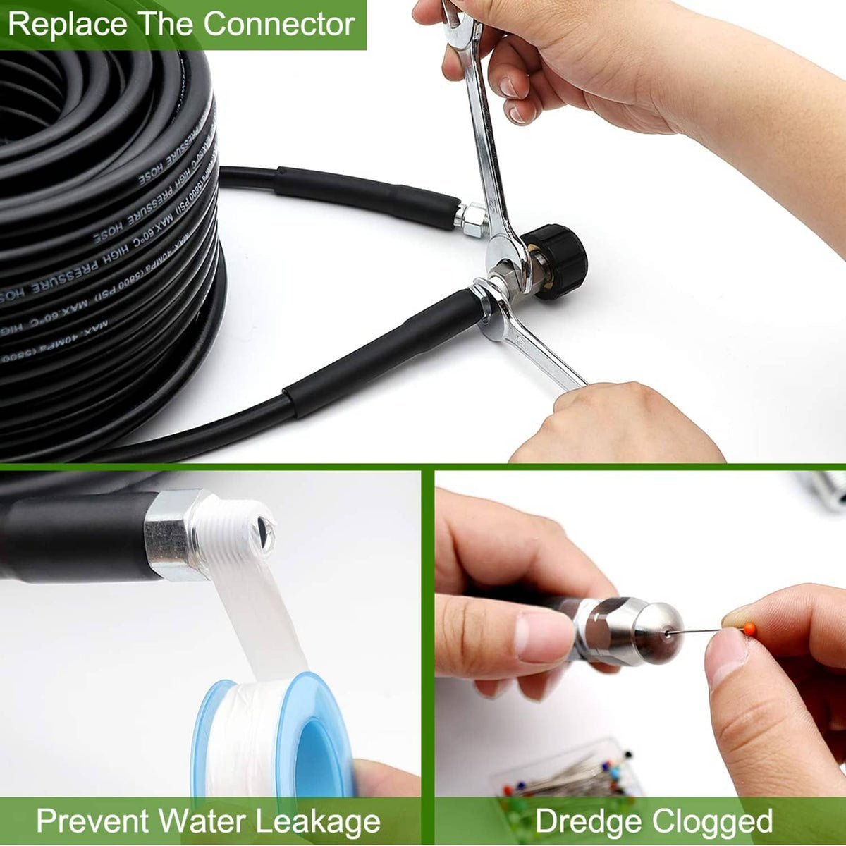 Sewer jetter hose connector with wrench and anti-leak end fitting for pressure washer