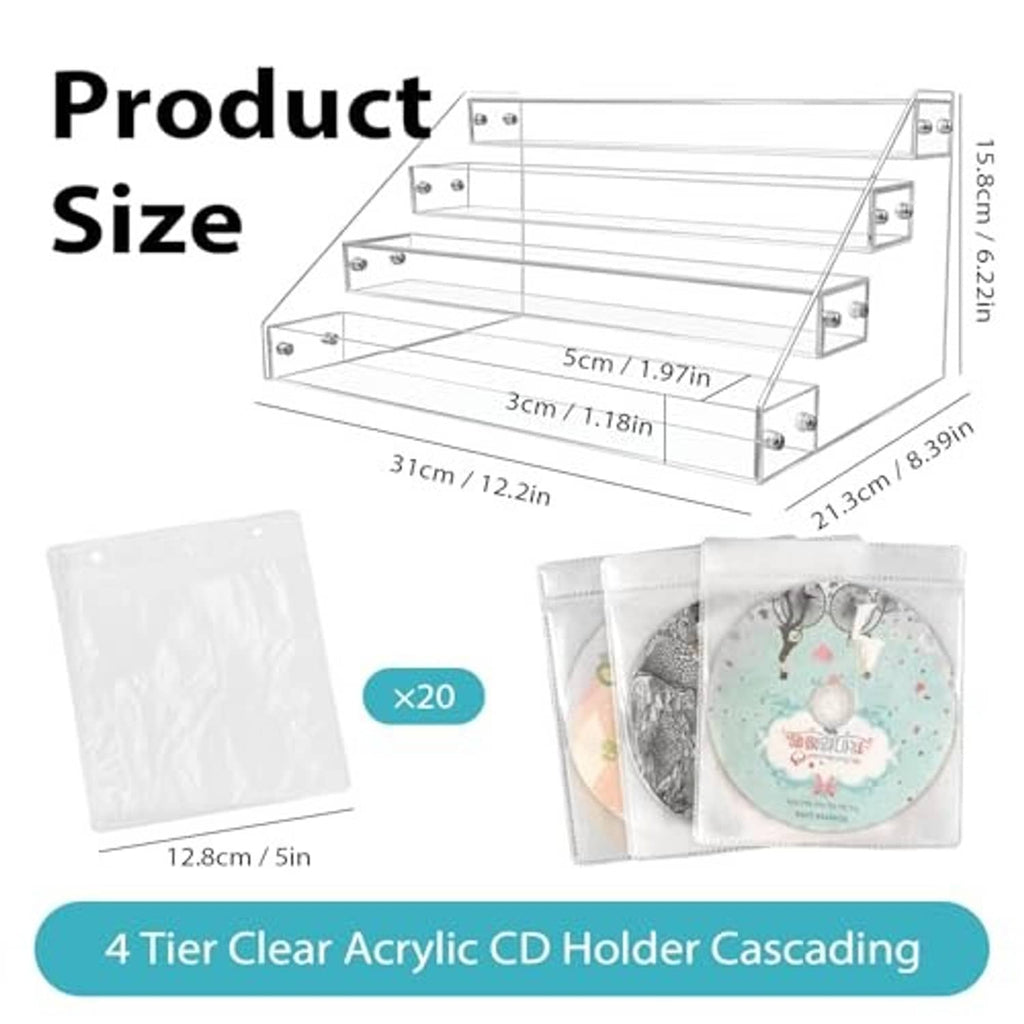Clear acrylic 4-tier CD/DVD holder with protective storage sleeves