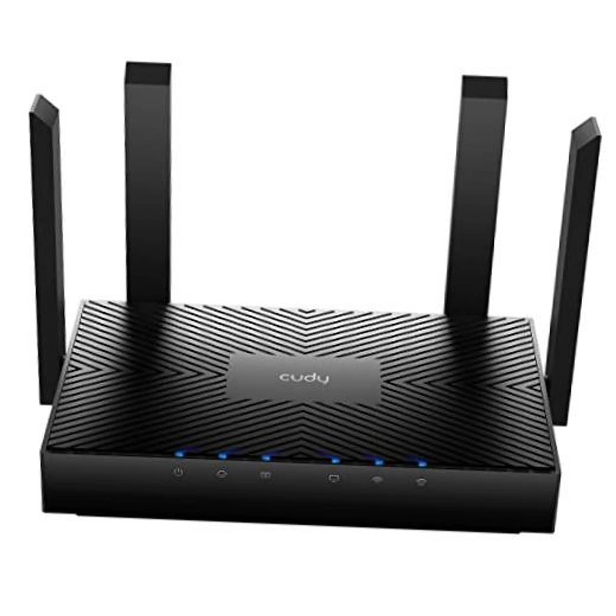 Black WiFi 6 router with four antennas, textured top, and blue LED status lights