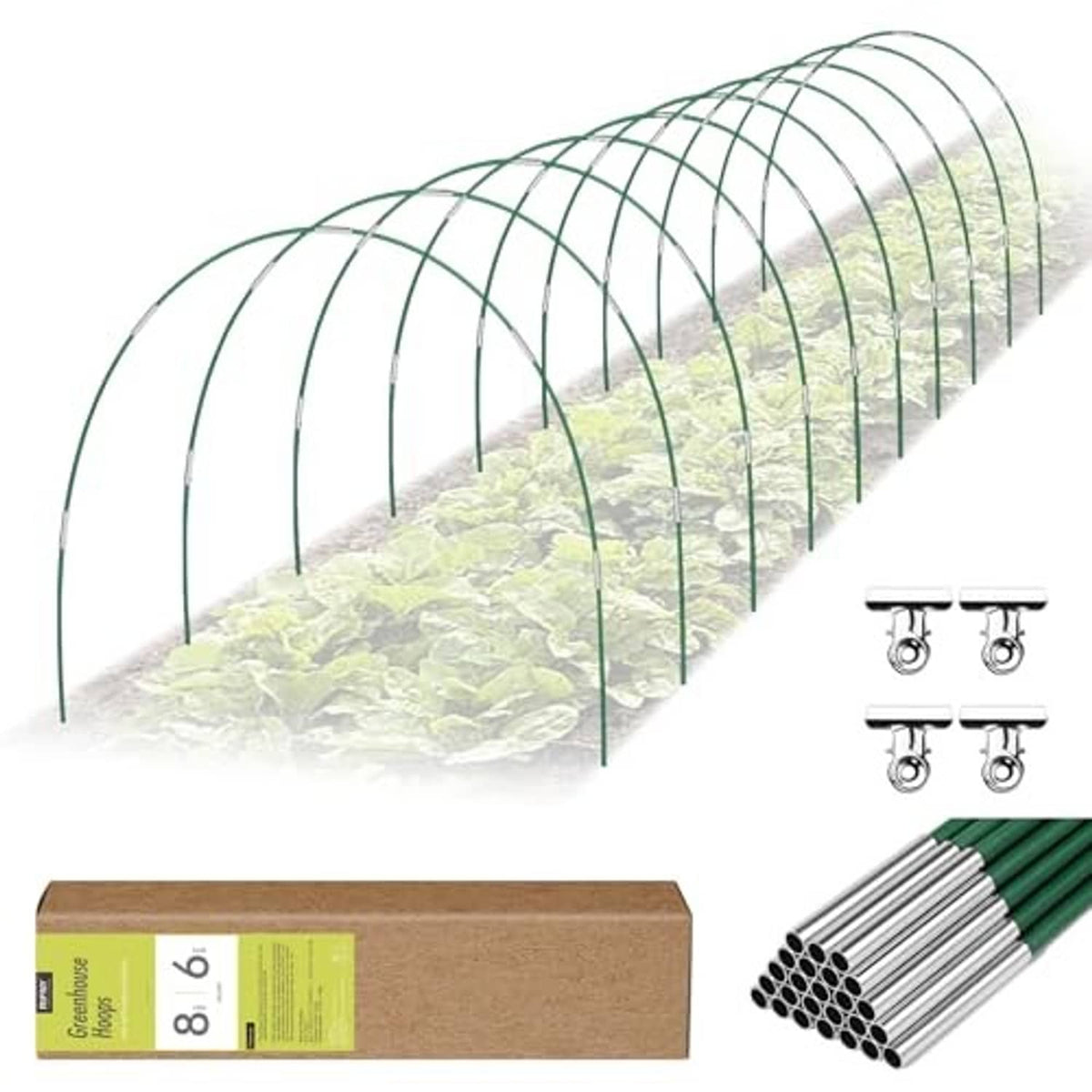 Green arched greenhouse hoop frames with included metal clips