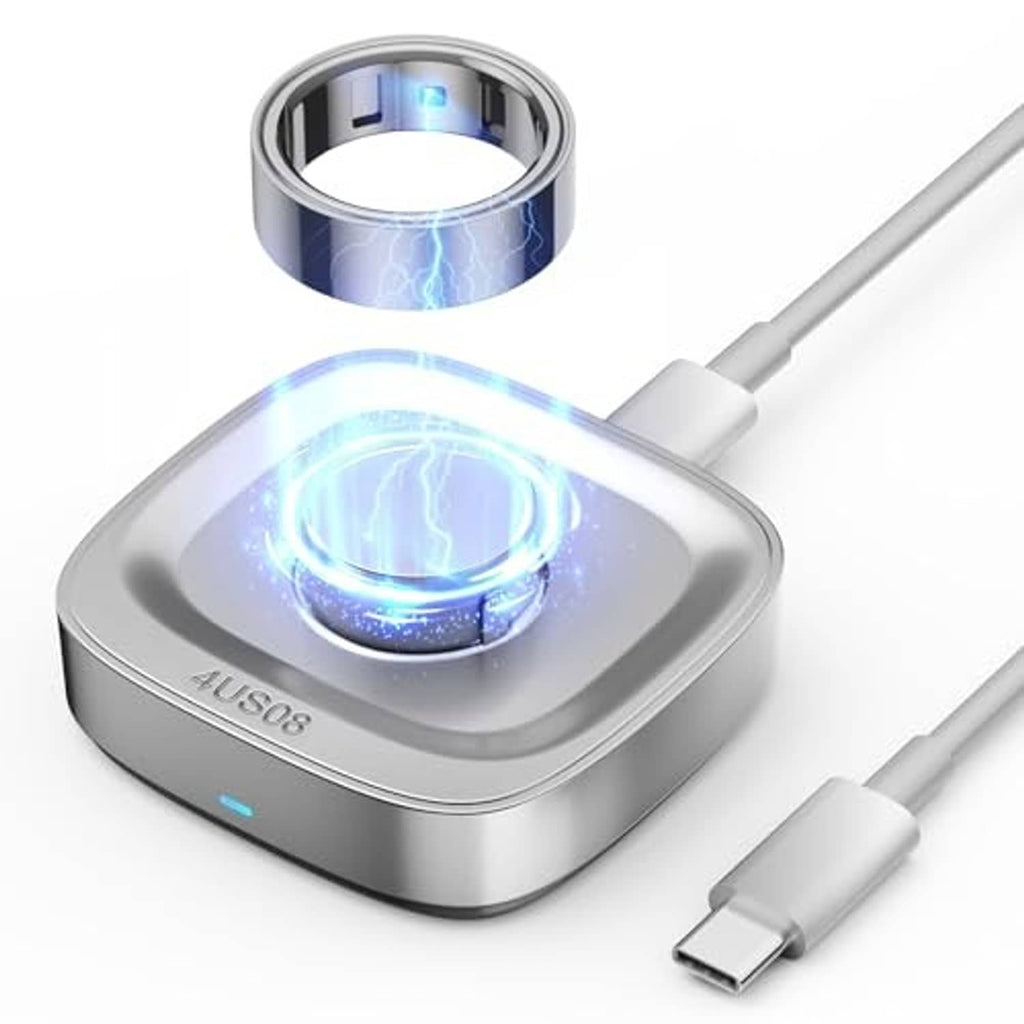 Portable Oura Ring Gen 4 charger base with blue ring cradle glow and USB-C cable