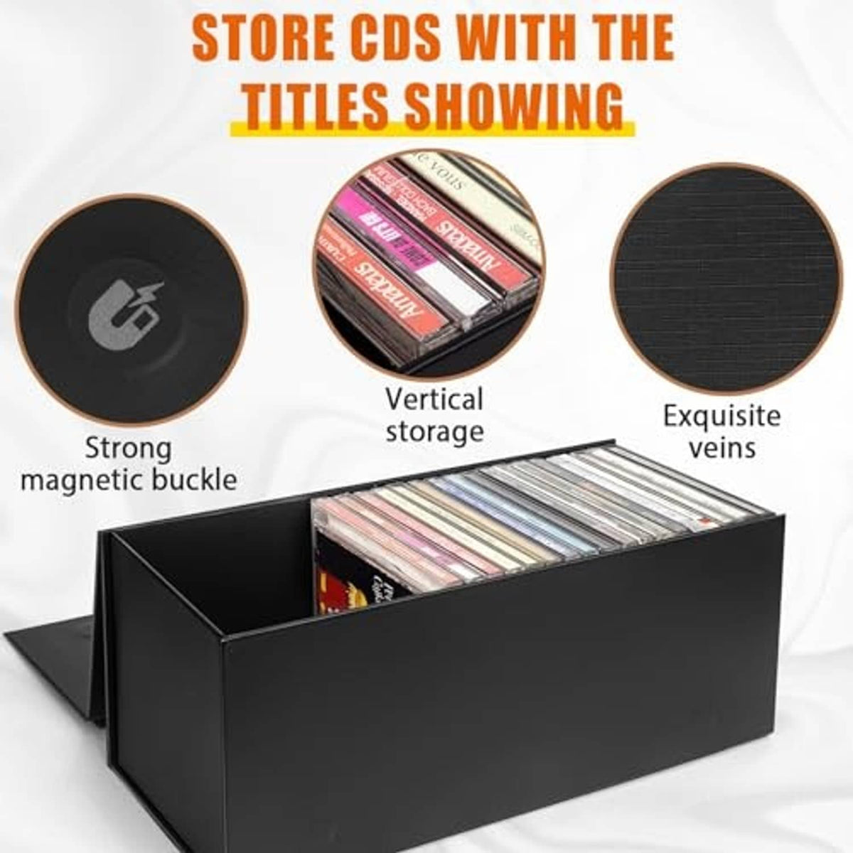 Black CD/DVD storage box with multiple CD cases arranged upright inside