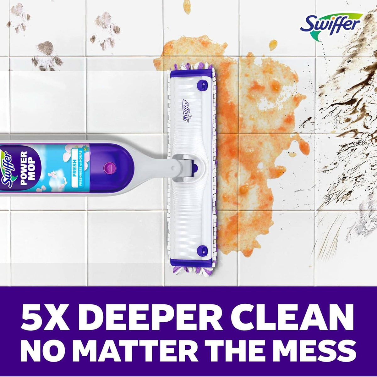 Swiffer Power Mop with microfiber pad removing orange grime from tiled floor
