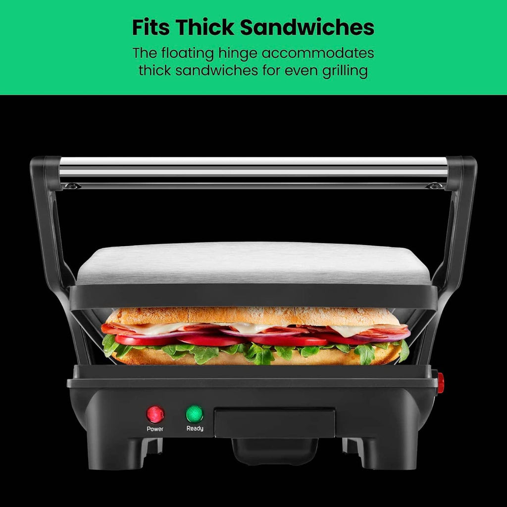 Sandwich press grill with floating hinge for thick sandwiches, black unit