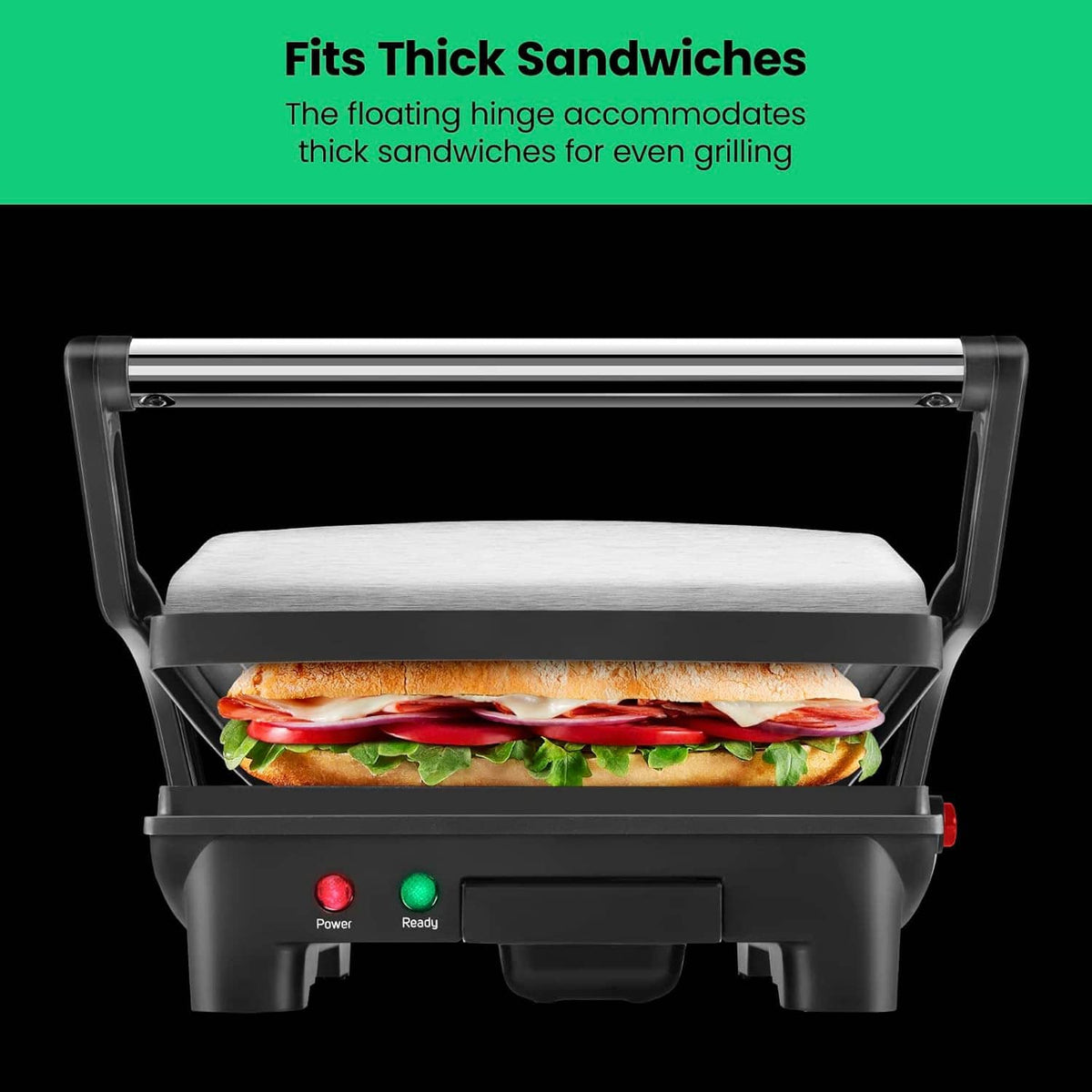 Sandwich press grill with floating hinge for thick sandwiches, black unit