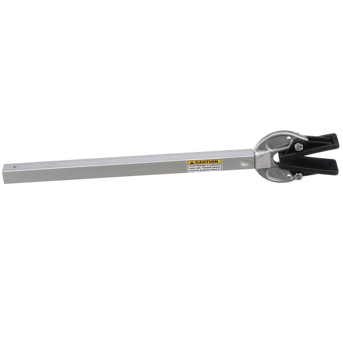 Adjustable transom saver bar with silver clamp assembly and black securing pads