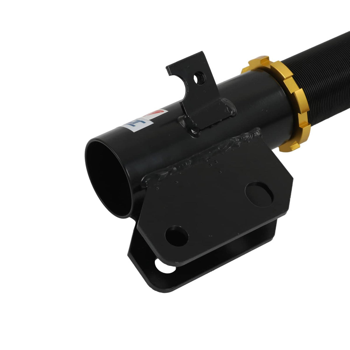 Black suspension coilover strut bracket with gold adjuster ring and red spring