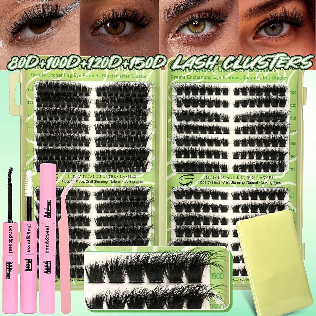 Black wispy cat-eye lash clusters applied on eyelid, creating a full curled lash fan