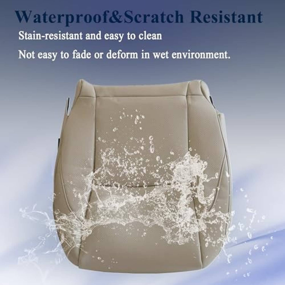 Light tan seat bottom cover with water droplets on textured surface