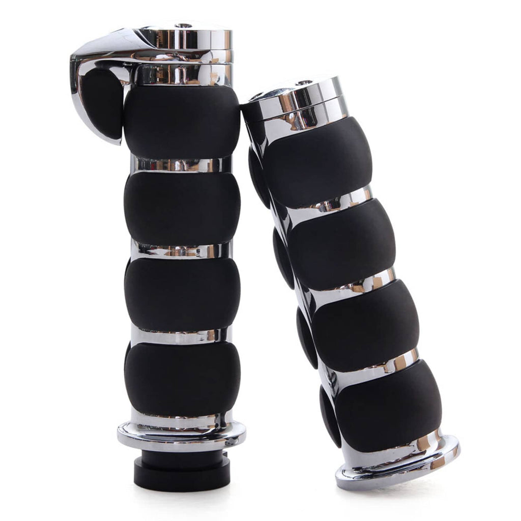 Motorcycle handlebar grips front view: black rubber pads with chrome collars