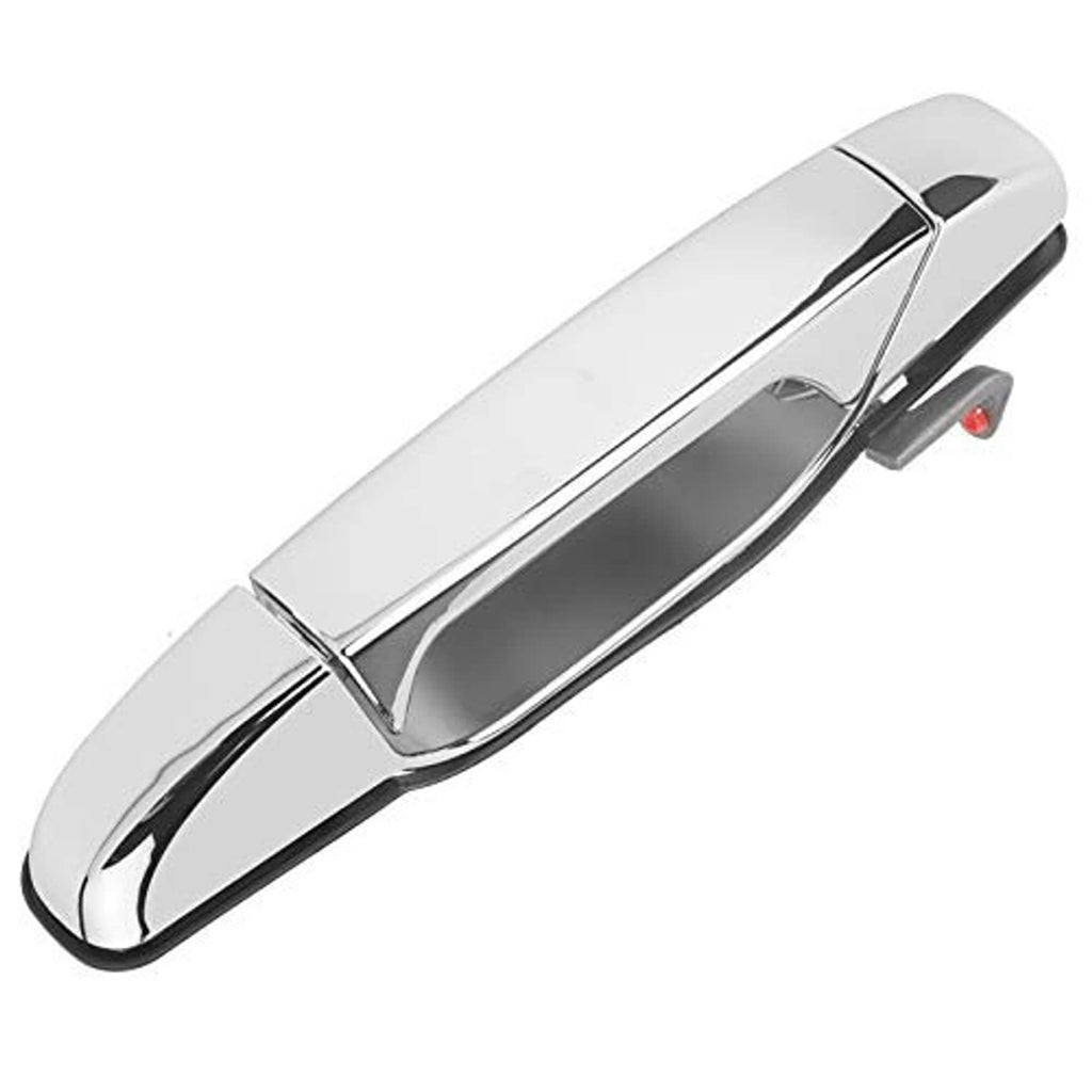 Single chrome exterior door handle with curved lever and lock cylinder opening
