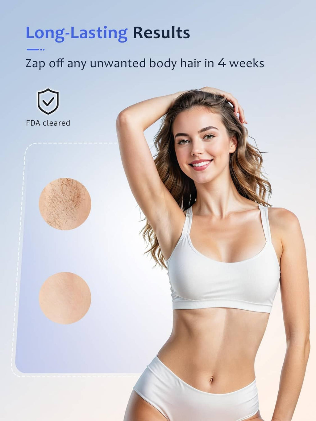 Woman with arm raised wearing a white sports bra for hair removal results in 4 weeks