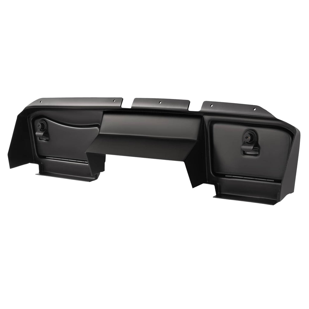 Matte black dash board cover assembly, angled view showing side doors and center panel.