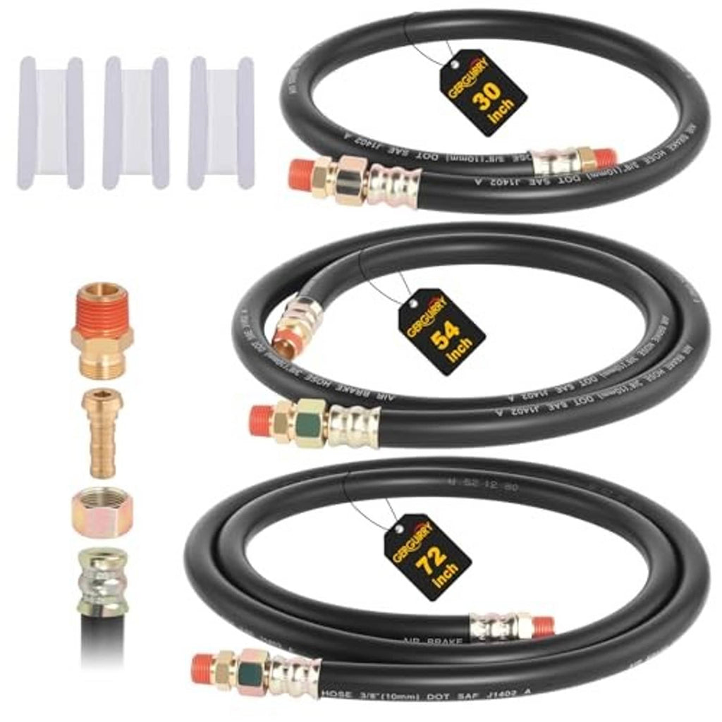 Three black air brake hoses with brass end fittings, lengths labeled 30 in, 54 in, 72 in