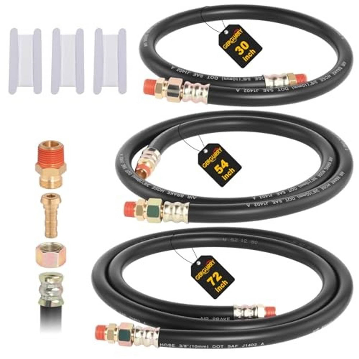 Three black air brake hoses with brass end fittings, lengths labeled 30 in, 54 in, 72 in